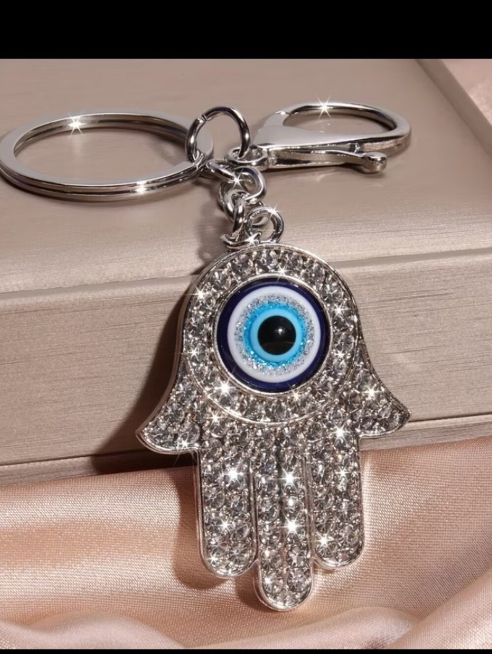 Silver Hamsa Hand With Blue Evil Eye Purse Charm Key Fob 4 In